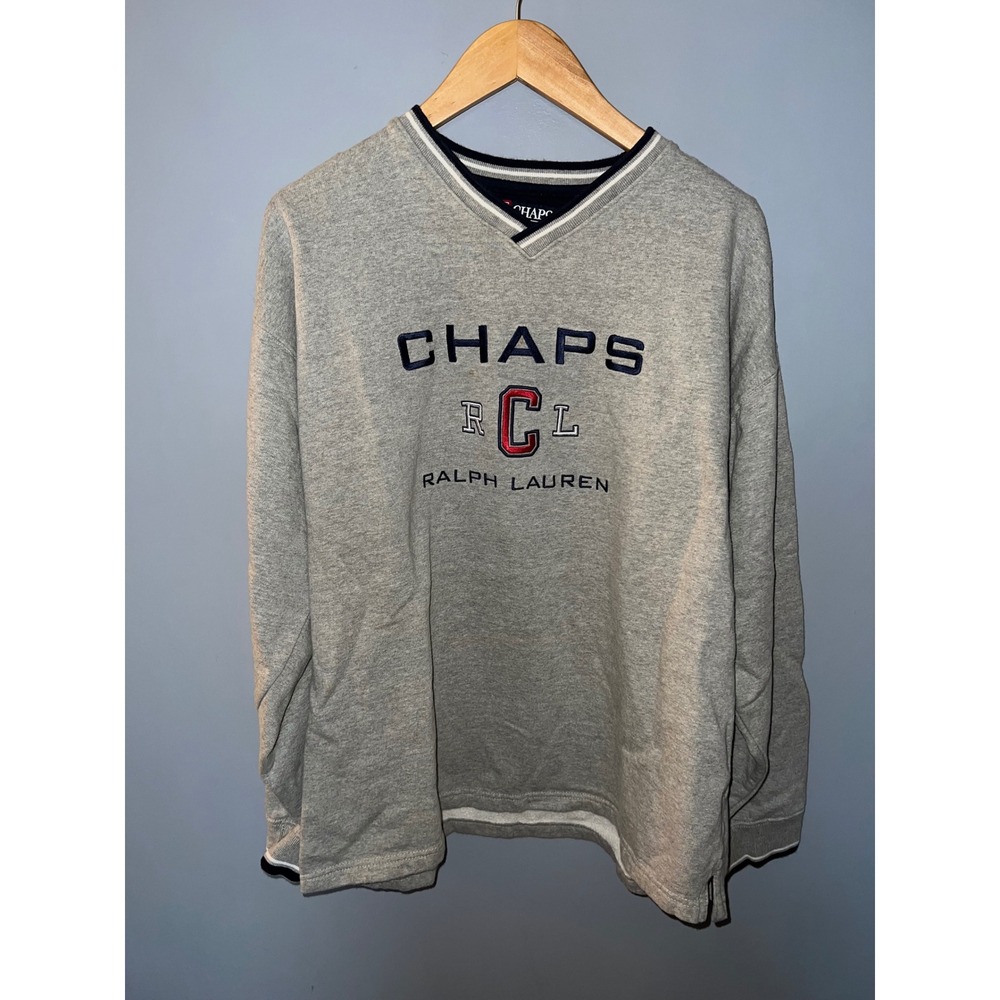 Chaps Ralph Lauren Vintage Heather Gray V-Neck Embroidered Sweatshirt Mens‎ L